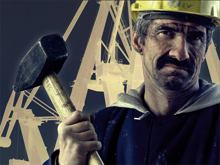 Ein Poster von einem Arbeiter mit rußigem Gesicht und gelbem Helm. Er hält einen Hammer hoch.