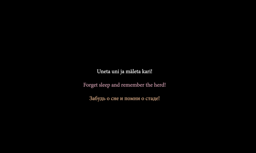 Ein Text in Estonisch, Englisch und Russisch: Forget sleep and remember the herd!